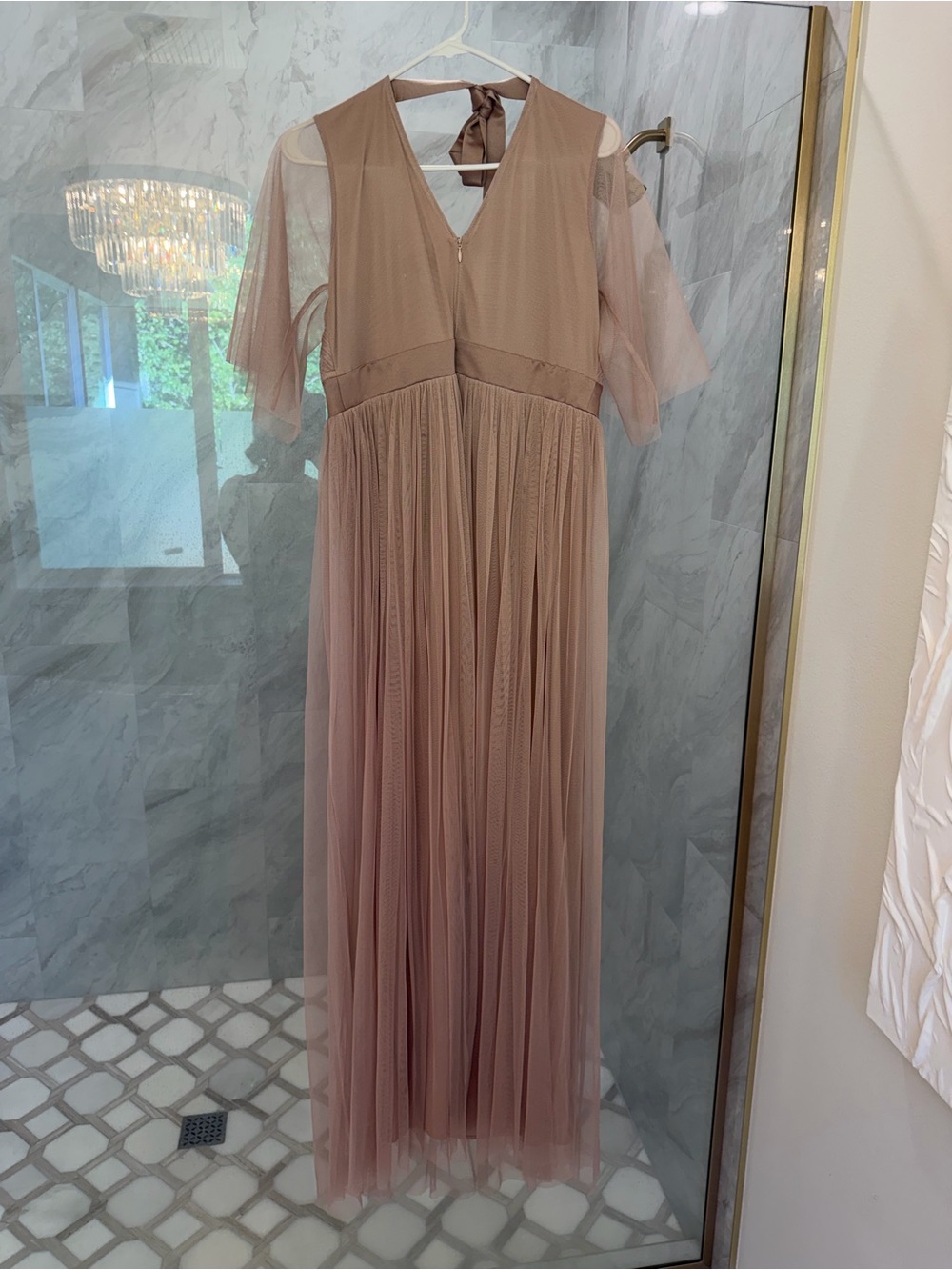Naya Dusty Rose Mesh Maxi Dress with V-Neck and Tie Back
